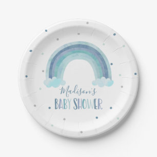 Assiettes En Carton Baby shower arc-en-ciel bleu aquarelle