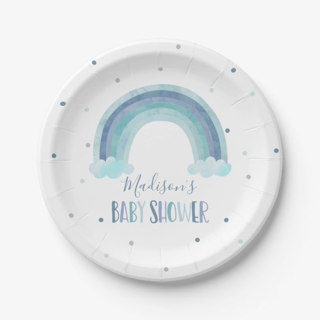 Assiettes En Carton Baby shower arc-en-ciel bleu aquarelle (Devant)