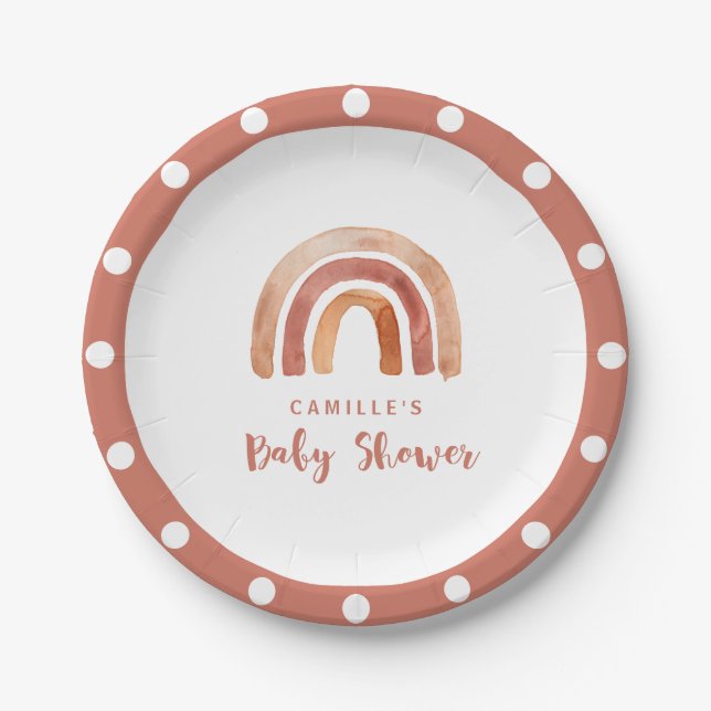 Assiettes En Carton Baby shower arc-en-ciel bohème orange brûlé (Devant)