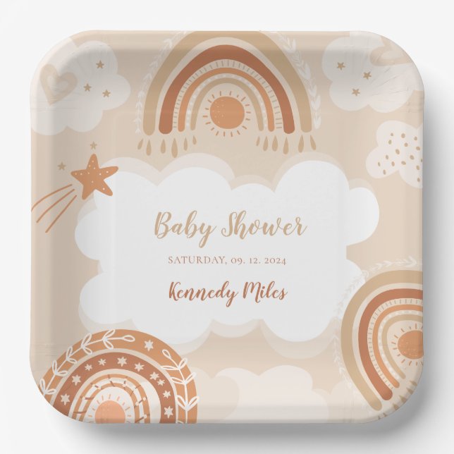 Assiettes En Carton Baby shower arc-en-ciel Boho (Recto)