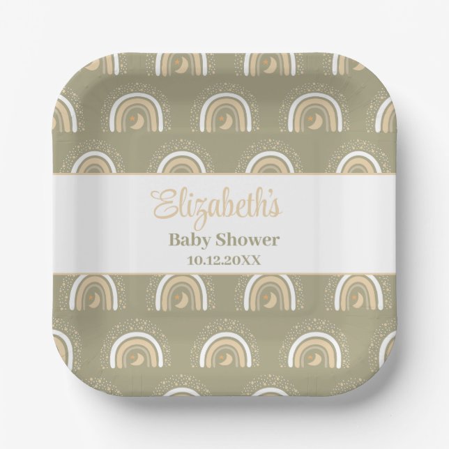 Assiettes En Carton Baby shower arc-en-ciel neutre Boho (Recto)