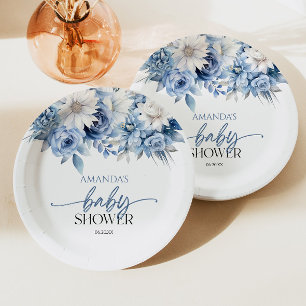 Assiettes En Carton Baby shower aux fleurs bleues poussiéreuses