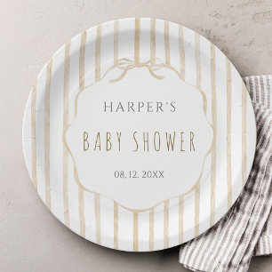 Assiettes En Carton Baby Shower avec Rayures Beige et Cadre à Coquille