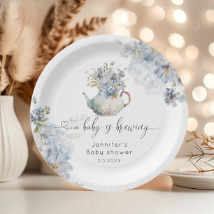 Assiettes En Carton Baby shower avec thé aux hortensias bleus