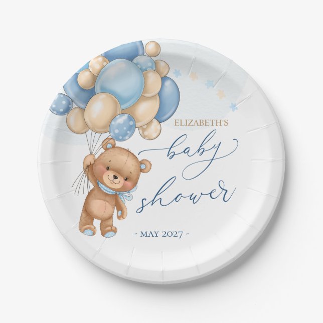 Assiettes En Carton Baby shower Ballons Bleus Ours Teddy (Devant)