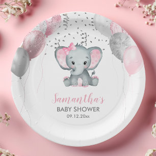 Assiettes En Carton Baby shower Ballons roses Eléphant fille mignonne