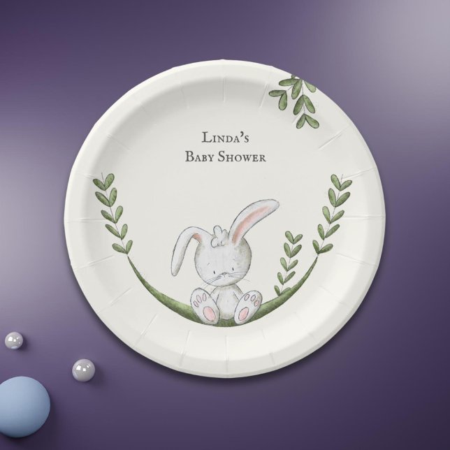 Assiettes En Carton Baby shower blanc neutre botanique du lapin blanc (Créateur téléchargé)