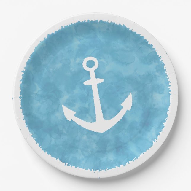 Assiettes En Carton Baby shower bleu Ancre nautique (Devant)