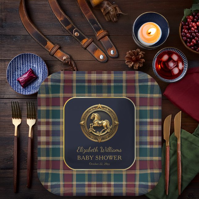 Assiettes En Carton Baby shower bleu Cheval Equestre Preppy (Equestrian Rocking Horse Preppy Navy Blue and Plaid Boy Baby Shower Square Paper Plate)