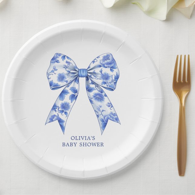 Assiettes En Carton Baby shower Bleu Chinoiserie Coquette Bow (Créateur téléchargé)