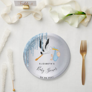Assiettes En Carton Baby shower bleu cigogne garçon