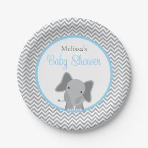 Assiettes En Carton Baby shower bleu-clair de Chevron d'éléphant