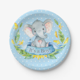 Assiettes En Carton Baby shower bleu de l'éléphant