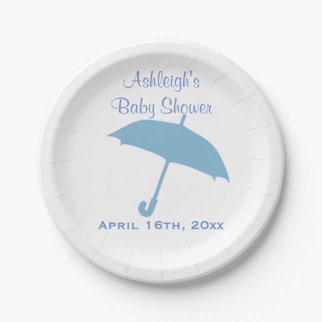 Assiettes En Carton Baby shower bleu de parapluie (Devant)