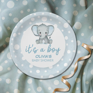 Assiettes En Carton Baby shower bleu Eléphant