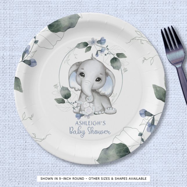 Assiettes En Carton Baby shower Bleu Eléphant Aquarelle Verdure (Créateur téléchargé)
