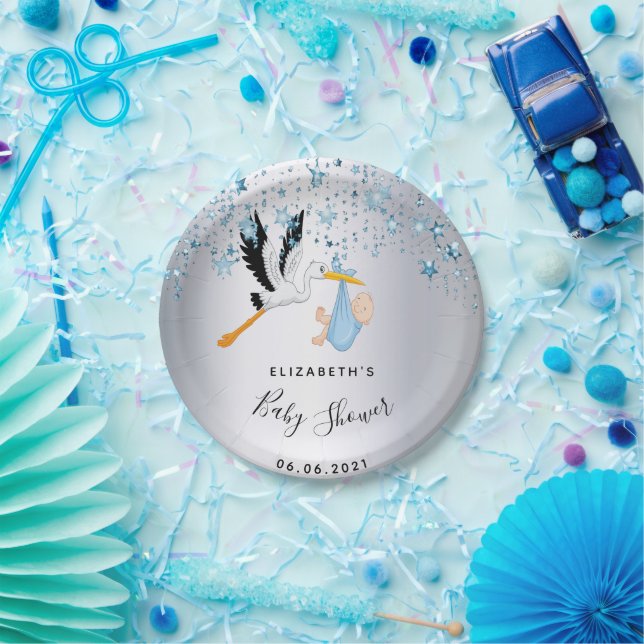 Assiettes En Carton Baby shower bleu étoiles cigogne garçon (Fête)