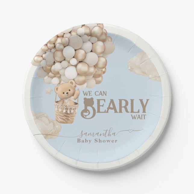 Assiettes En Carton Baby shower Bleu Garçon Ours Teddy (Devant)