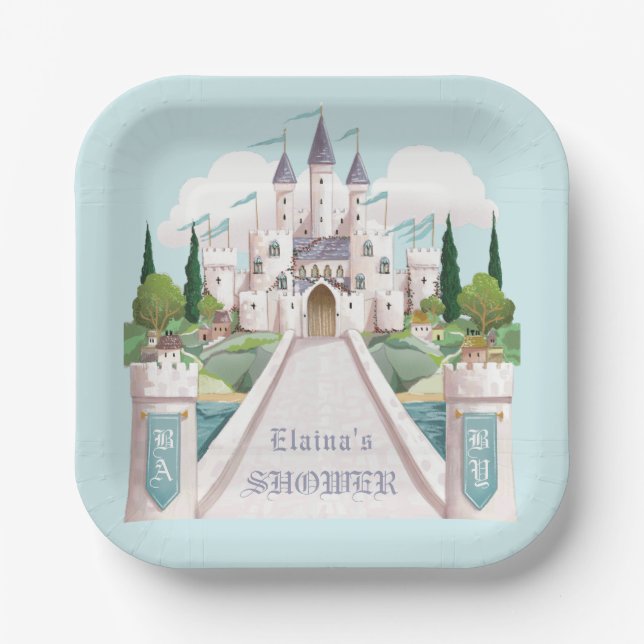 Assiettes En Carton Baby shower bleu illustré Storybook Castle (Recto)