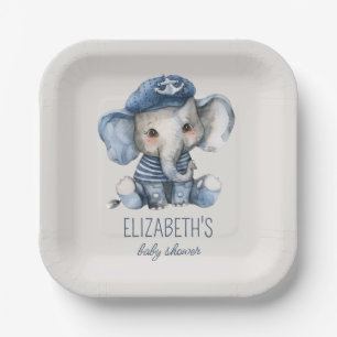 Assiettes En Carton Baby-Shower Bleu Nautique Bébé Éléphant