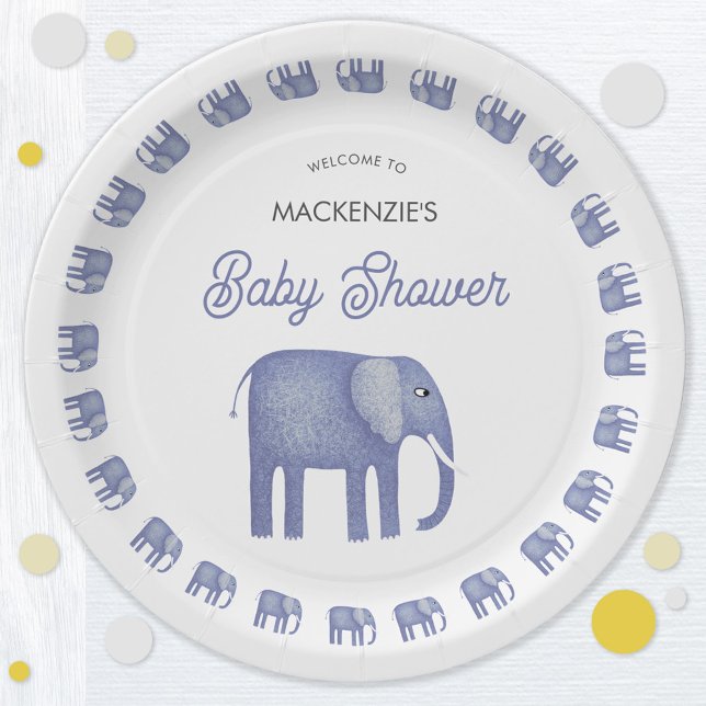 Assiettes En Carton Baby shower Blue Elephant (Blue elephant baby shower party paper plate)