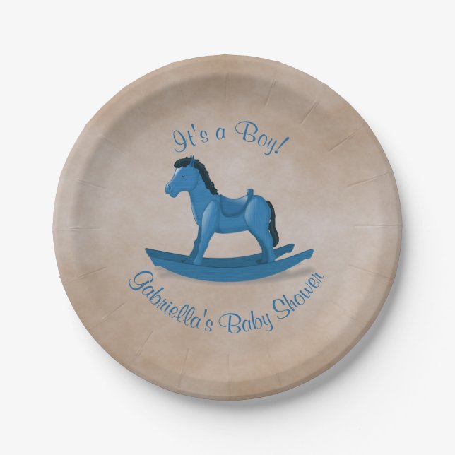 Assiettes En Carton Baby shower Blue Rocking Horse (Devant)