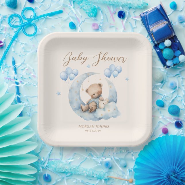 Assiettes En Carton Baby shower Blue Teddy Bear Stars (Fête)