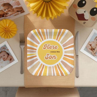 Assiettes En Carton Baby Shower Bohème Rétro Jaune Sunshine