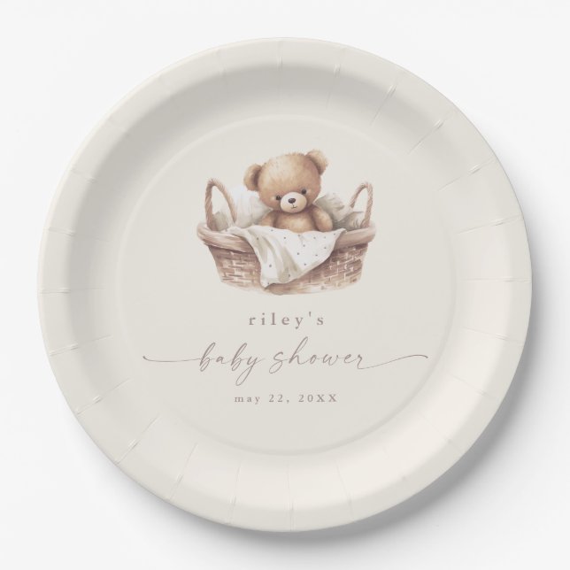 Assiettes En Carton Baby shower Boho de l'ours en peluche neutre selon (Devant)
