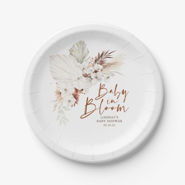 Assiettes En Carton Baby shower Boho en terre cuite et fleurs blanches (Devant)