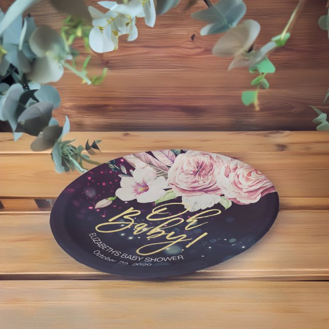 Assiettes En Carton Baby shower Boho Floral Plumes violet Bokeh Lumièr (Créateur téléchargé)