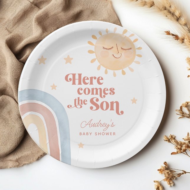 Assiettes En Carton Baby shower Boho Little Sun & Rainbow (Cute Little Sun & Rainbow Boho Baby Shower Paper Plates)