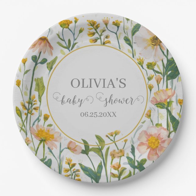 Assiettes En Carton Baby shower Boho rustique Fleur sauvage aquarelle (Devant)