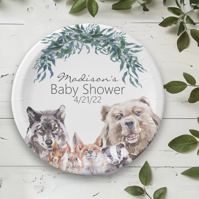 Assiettes En Carton Baby shower Bois Animaux Aquarelle (Créateur téléchargé)