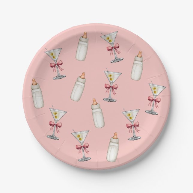 Assiettes En Carton Baby shower Bouteilles de bébé martinis rose (Devant)