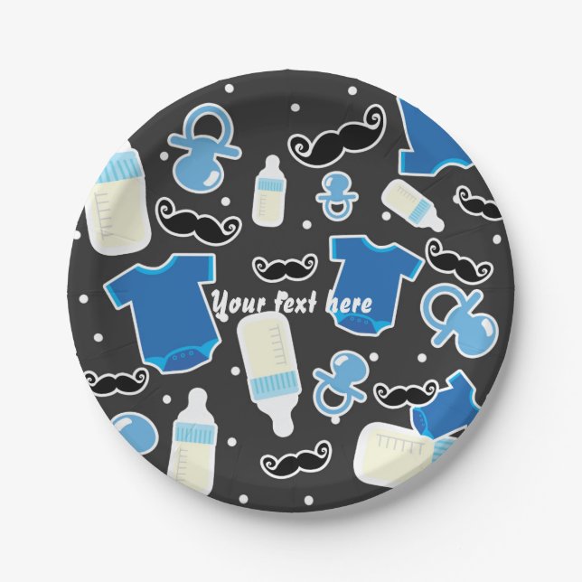 Assiettes En Carton Baby shower Boy Thèmes Bleu & Gris Moderne (Devant)