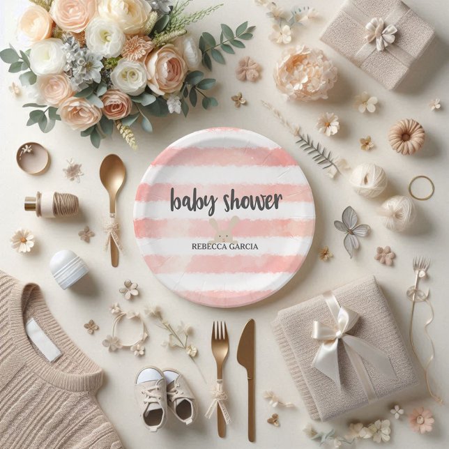 Assiettes En Carton Baby shower Bunny Pink Blanc Aquarelle (Créateur téléchargé)