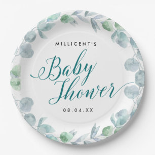 Assiettes En Carton Baby shower calligraphique Ethereal Eucalyptus