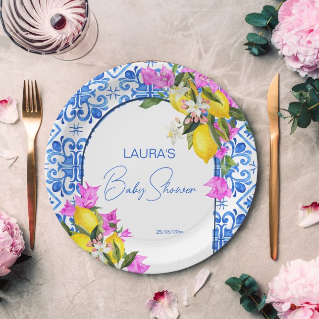 Assiettes En Carton Baby shower Carrelage bleu Citrons bougainvilliers (Baby Shower Blue Tiles Lemons bougainvillea template Paper Plates personalized baby shower tableware)