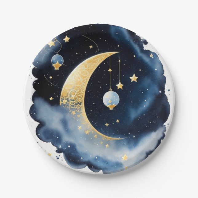 Assiettes En Carton Baby shower céleste Lune et étoiles Aquarelle (Devant)