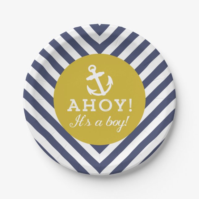 Assiettes En Carton Baby shower Chevron marin et d'or (Devant)