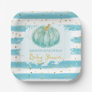 Assiettes En Carton Baby Shower Citrouille Mignonne Rayures Bleues