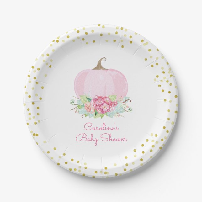 Assiettes En Carton Baby shower Citrouille rose aquarelle Floral (Devant)