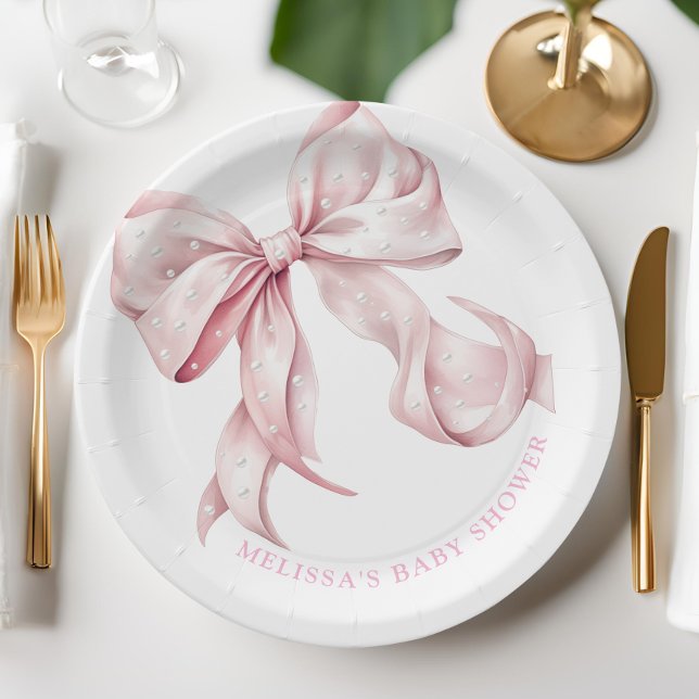Assiettes En Carton Baby shower Coquette Pink Bow Pearls (Créateur téléchargé)