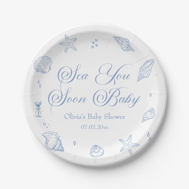 Assiettes En Carton Baby shower Côtier Mer Vous Bientôt Bébé (Devant)