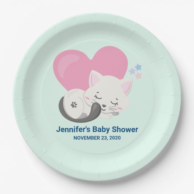 Assiettes En Carton Baby shower couché blanc chaton blanc mignon (Devant)