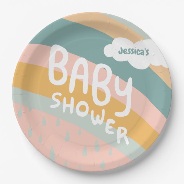 Assiettes En Carton BABY SHOWER Cute Nuages Rainbow Pluie Custom (Devant)