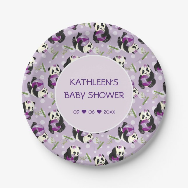 Assiettes En Carton Baby shower Cute Panda Pale Lilac Motif (Devant)