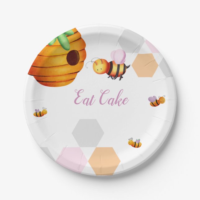 Assiettes En Carton Baby shower d'abeille rose (Devant)