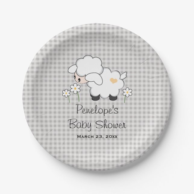 Assiettes En Carton Baby shower d'agneau jaune et gris En vichy (Devant)
